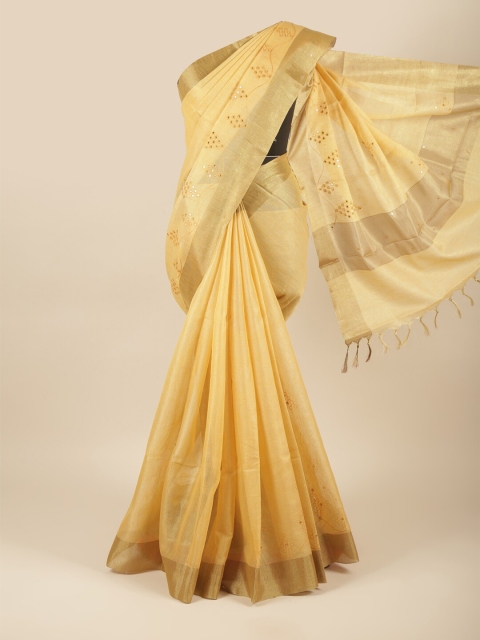 

Pothys Yellow & Gold-Toned Ethnic Motifs Mirror Work Tissue Saree