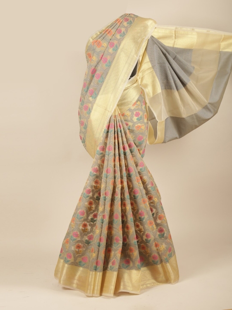 

Pothys Yellow & Pink Floral Zari Tissue Saree