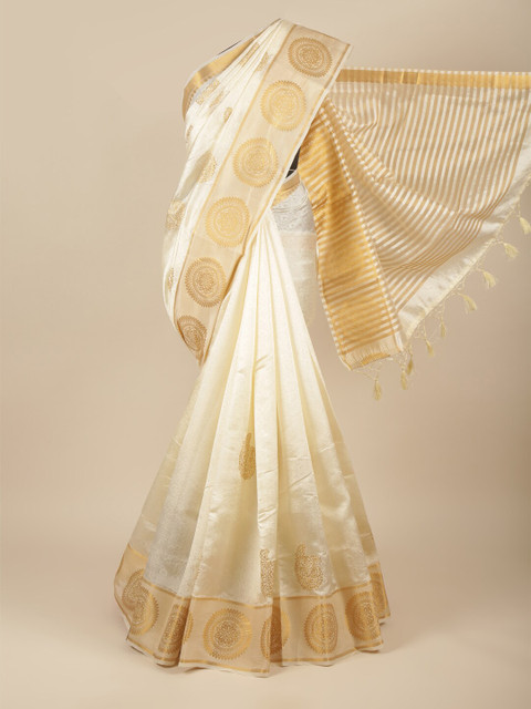 

Pothys Cream Coloured & Gold-Toned Ethnic Motifs Jute Silk Saree