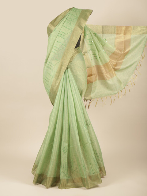

Pothys Green & Gold-Toned Embellished Mirror Work Tissue Saree