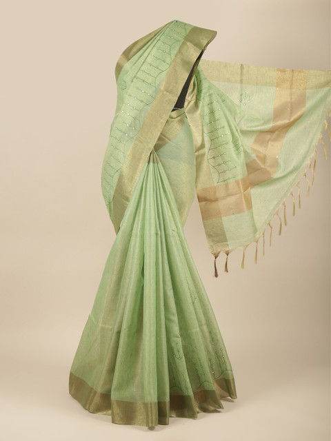 

Pothys Green & Silver-Toned Mirror Work Tissue Saree