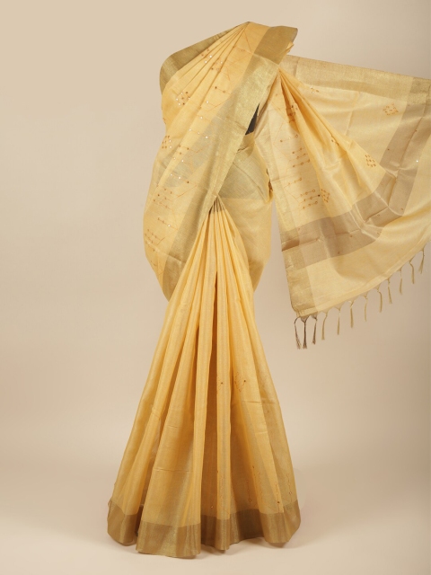 

Pothys Yellow & Gold-Toned Mirror Work Embellished Zari Tissue Saree