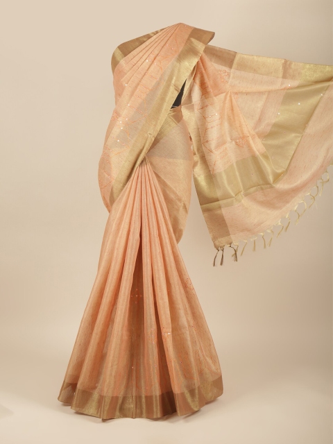 

Pothys Peach Coloured & Silver Toned Embellished Mirror Work Tissue Saree