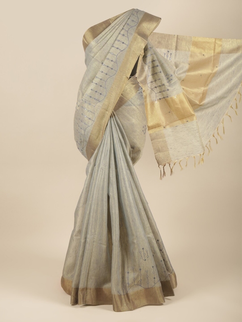 

Pothys Grey & Beige Embellished Mirror Work Tissue Saree