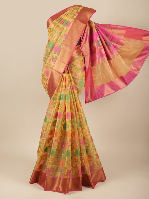

Pothys Yellow & Pink Floral Zari Tissue Saree