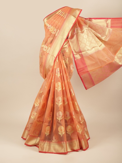 

Pothys Peach-Coloured & Gold-Toned Woven Design Floral Zari Tissue Saree