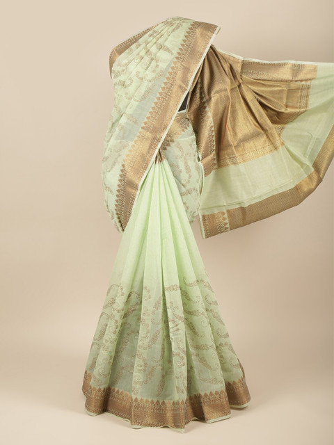 

Pothys Green & Gold-Toned Ethnic Motifs Jute Silk Saree