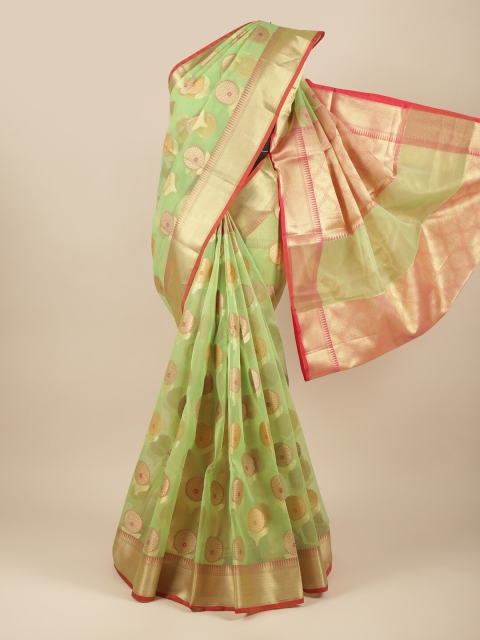 

Pothys Green & Gold-Toned Floral Woven Design Zari Tissue Saree