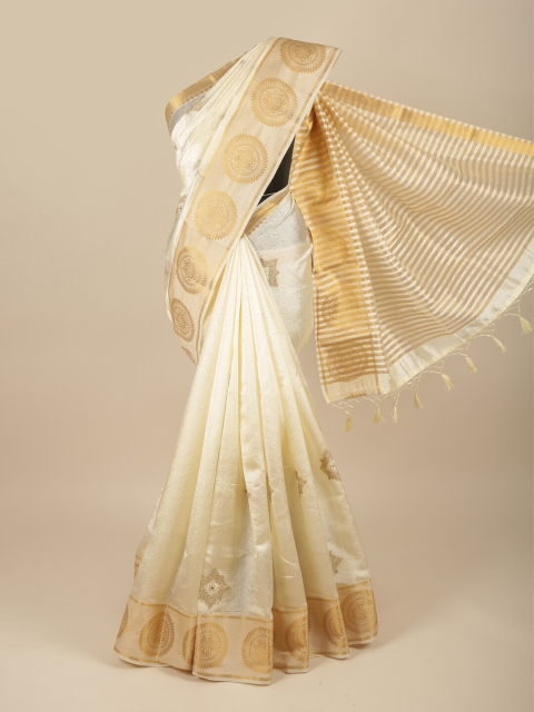 

Pothys Cream-Coloured & Gold-Toned Ethnic Motifs Woven Design Jute Silk Saree