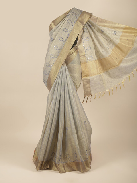 

Pothys Grey & Silver-Toned Ethnic Motifs Mirror Work Tissue Saree