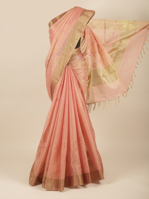 

Pothys Pink & Gold-Toned Embellished Zari Tissue Saree