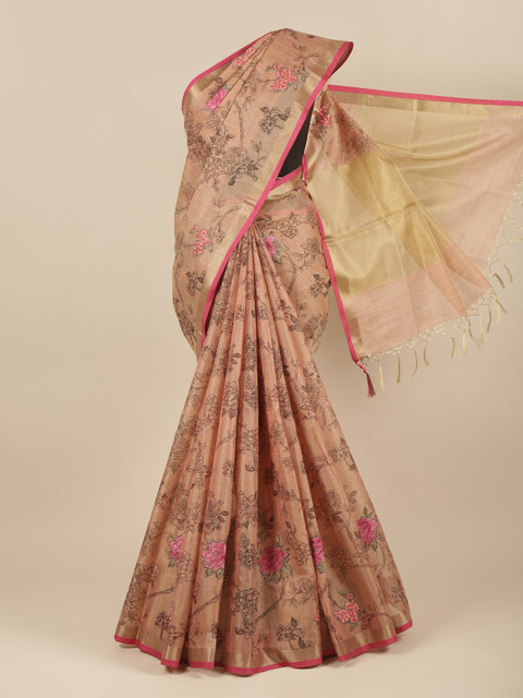

Pothys Peach-Coloured & Pink Floral Zari Jute Cotton Saree