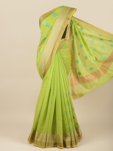 

Pothys Green & Gold-Toned Cotton Blend Floral Zari Saree