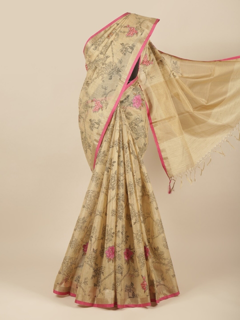 

Pothys Tan & Pink Printed Floral Jute Cotton Saree