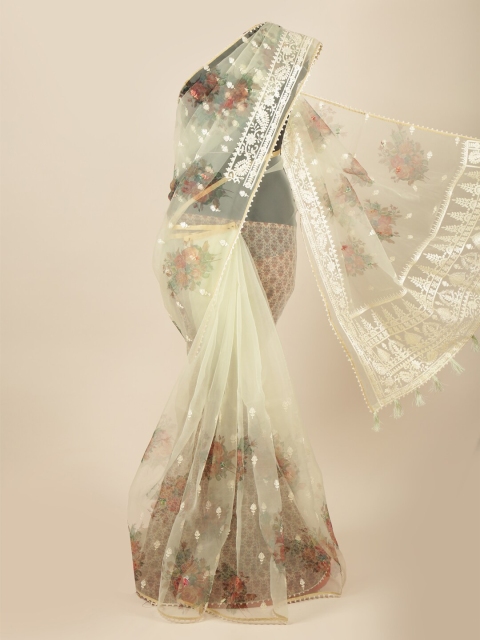 

Pothys Green & Off-White Floral Embroidered Net Saree