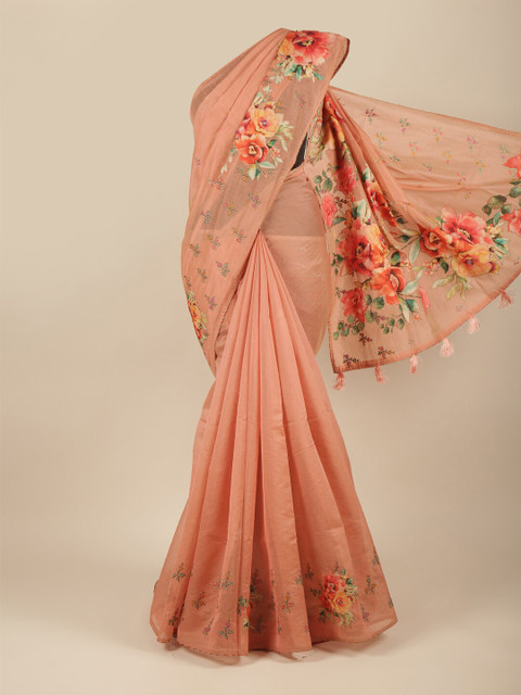 

Pothys Peach-Coloured & Green Printed Floral Jute Cotton Saree