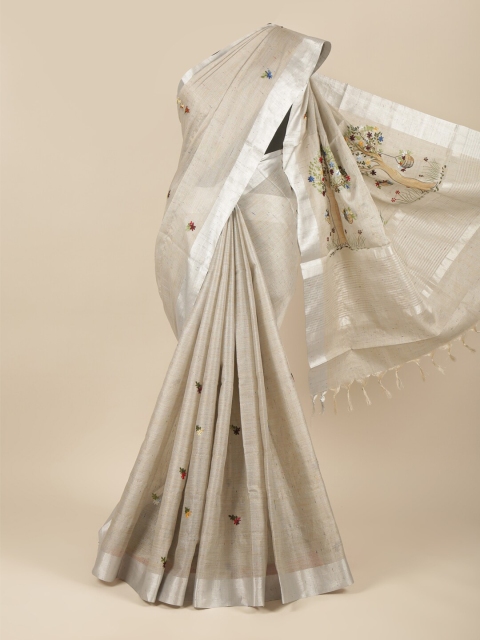 

Pothys Grey & Silver-Toned Floral Embroidered Jute Cotton Saree