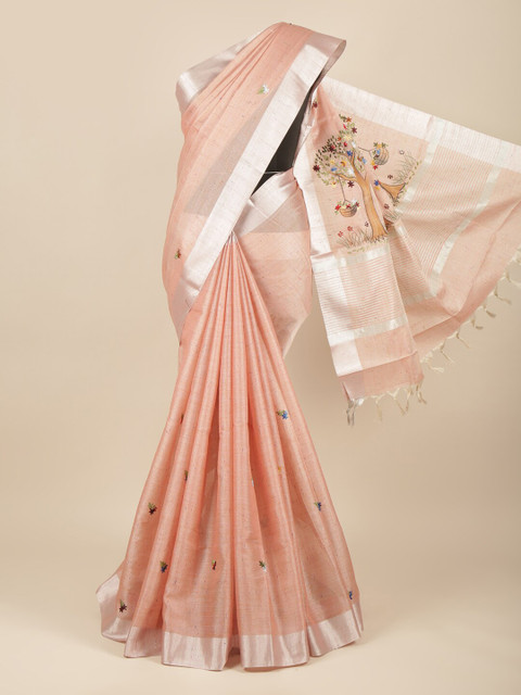 

Pothys Peach-Coloured & Green Floral Embroidered Zari Jute Cotton Saree