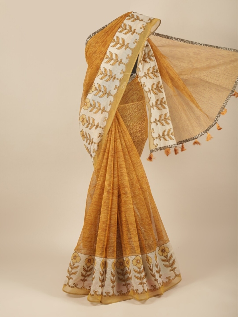 

Pothys Mustard & White Ethnic Motifs Supernet Saree