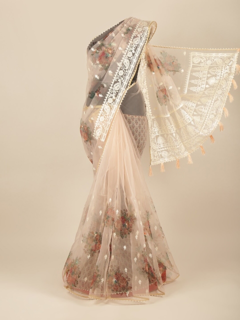 

Pothys Peach Coloured & Off White Ethnic Motifs Embroidered Net Saree
