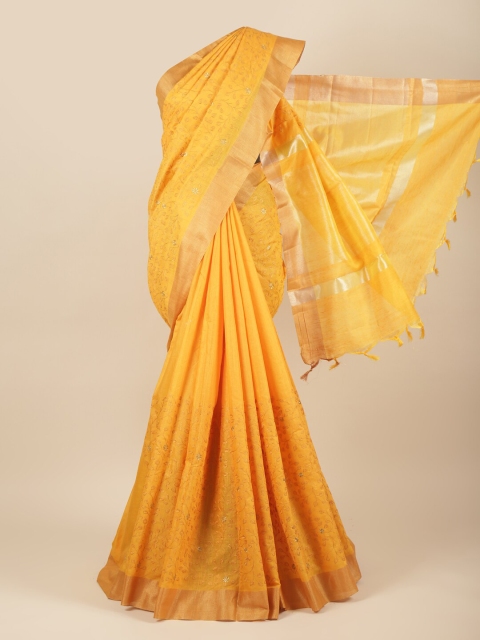 

Pothys Yellow & Gold-Toned Floral Embroidered Zari Jute Silk Saree