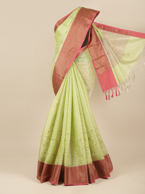

Pothys Green & Red Ethnic Motifs Zari Supernet Saree