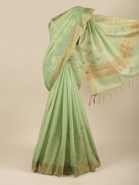 

Pothys Green & Gold-Toned Embellished Mirror Work Tissue Saree