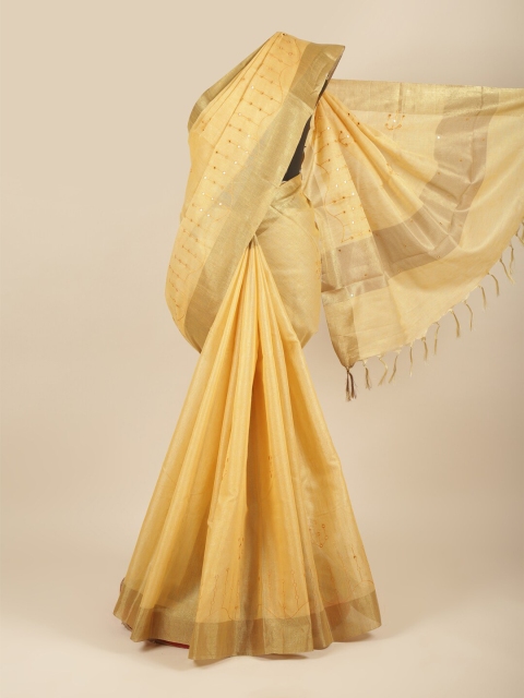 

Pothys Yellow & Gold-Toned Embellished Mirror Work Tissue Saree