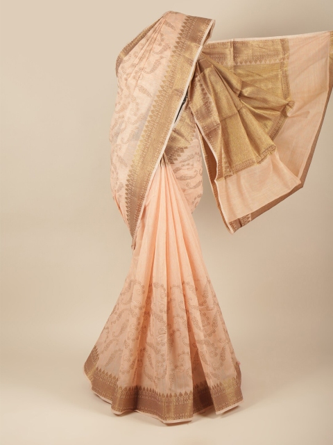 

Pothys Peach Coloured & Gold-Toned Ethnic Motifs Jute Silk Saree