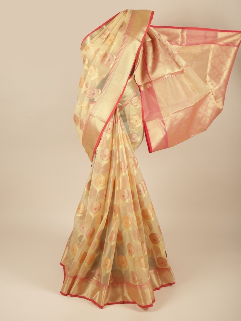 

Pothys Cream-Coloured & Gold-Toned Ethnic Motifs Zari Tissue Saree