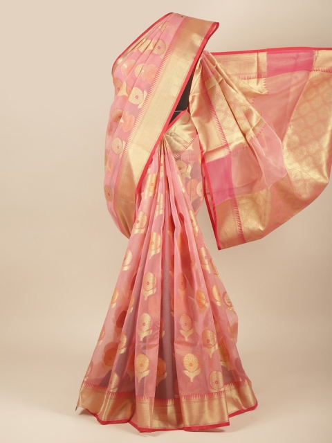 

Pothys Pink & Gold-Toned Woven Design Zari Tissue Saree