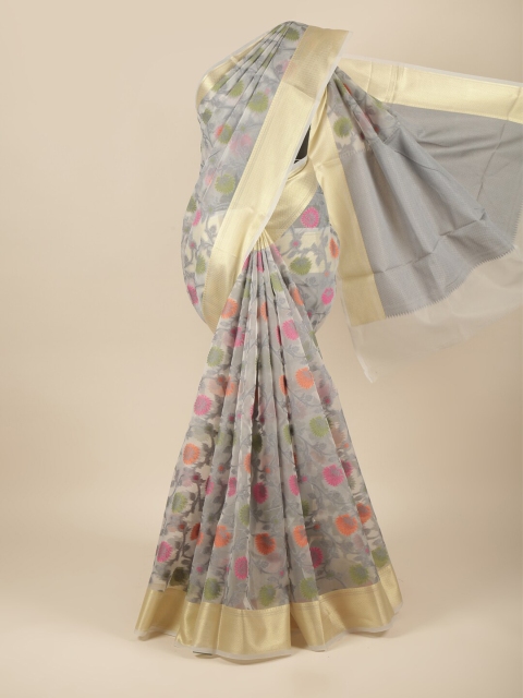 

Pothys Grey & Magenta Floral Zari Tissue Saree