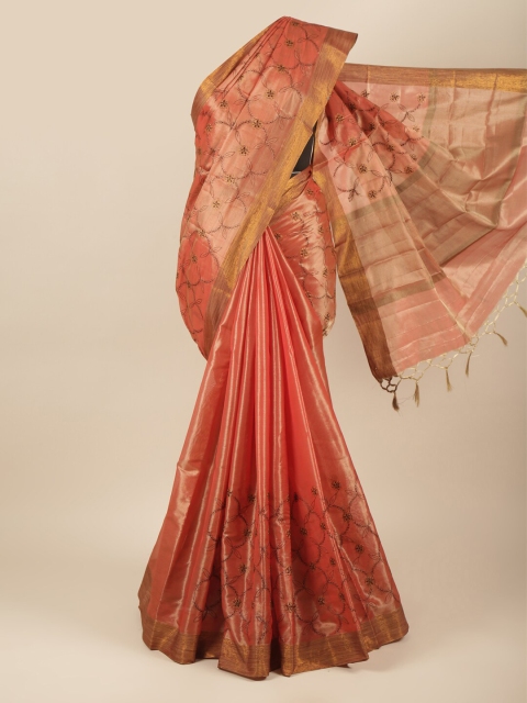 

Pothys Rust & Gold-Toned Floral Embroidered Zari Tissue Saree