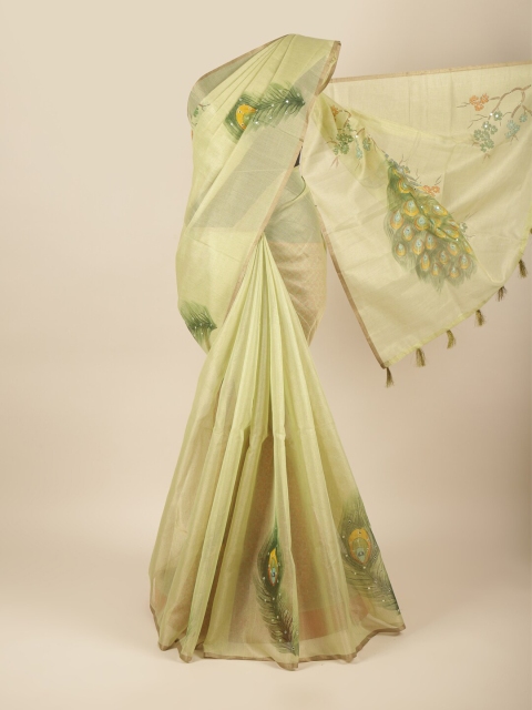 

Pothys Green & Yellow Ethnic Motifs Printed Tissue Cotton Saree