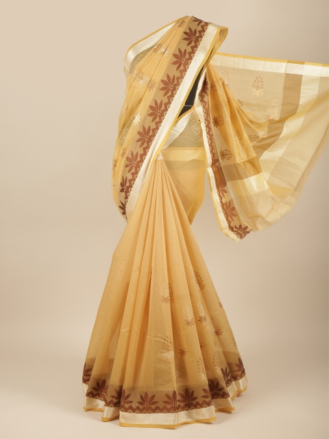 

Pothys Cream-Coloured & Gold-Toned Floral Zari Saree