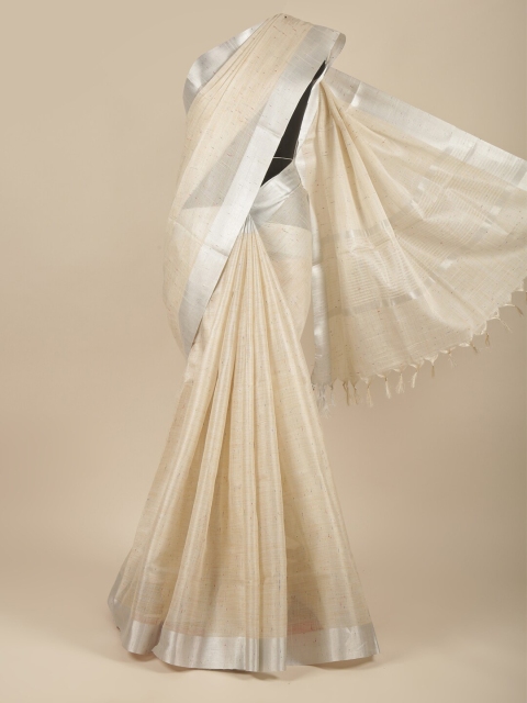 

Pothys Cream-Coloured & Silver-Toned Woven Design Tissue Saree