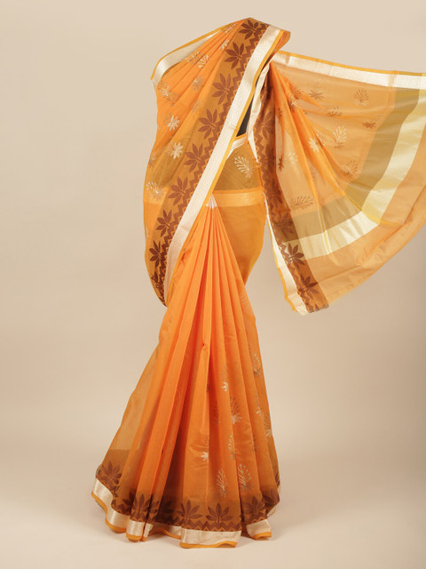

Pothys Orange & Brown Floral Embroidered Cotton Blend Saree