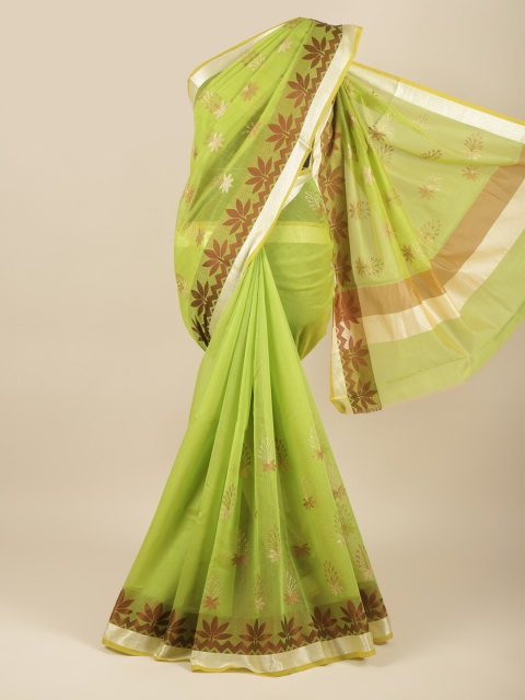 

Pothys Green & Maroon Floral Zari Embroidered Cotton Blend Saree