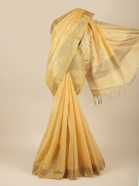 

Pothys Yellow & Gold-Toned Embellished Zari Tissue Saree