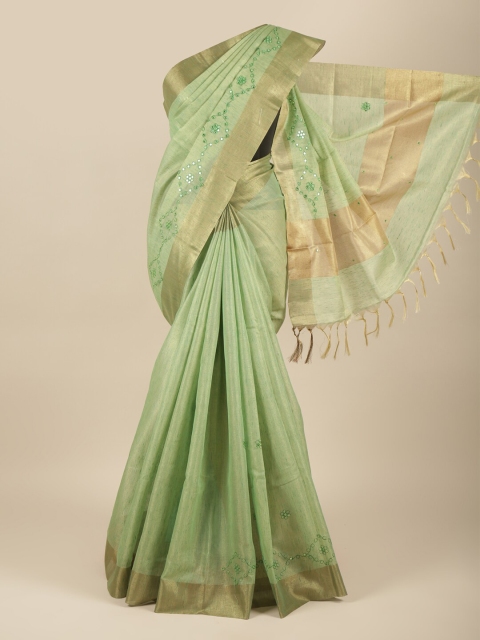 

Pothys Green & Gold-Toned Embellished Zari Tissue Saree