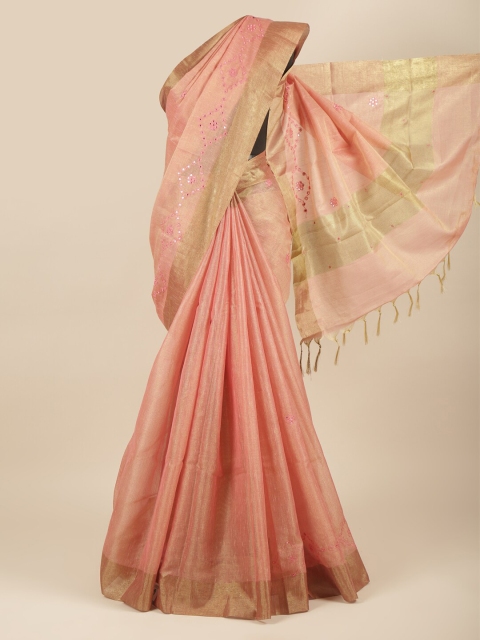 

Pothys Pink & Gold-Toned Embellished Mirror Work Tissue Saree