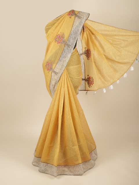 

Pothys Yellow & Khaki Floral Printed Cotton Saree