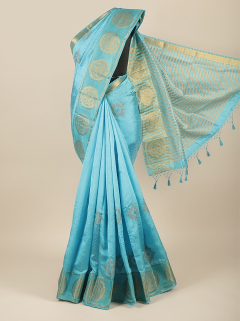 

Pothys Blue & Gold-Toned Woven Design Zari Jute Silk Saree