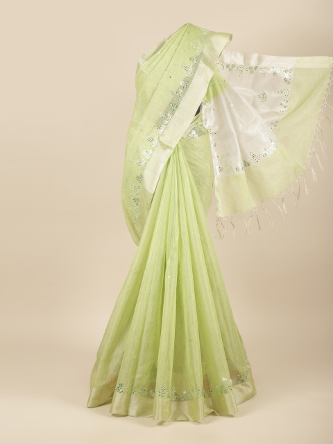 

Pothys Green & Silver-Toned Embellished Saree