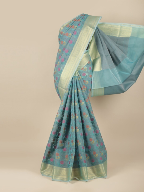 

Pothys Blue & Magenta Floral Woven design Zari Tissue Saree