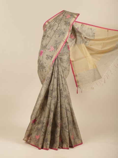 

Pothys Grey & Pink Embroidered Floral Zari Jute Cotton Saree