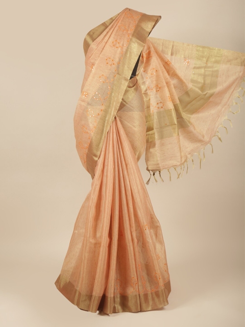 

Pothys Peach-Coloured & Gold-Toned Embellished Mirror Work Tissue Saree