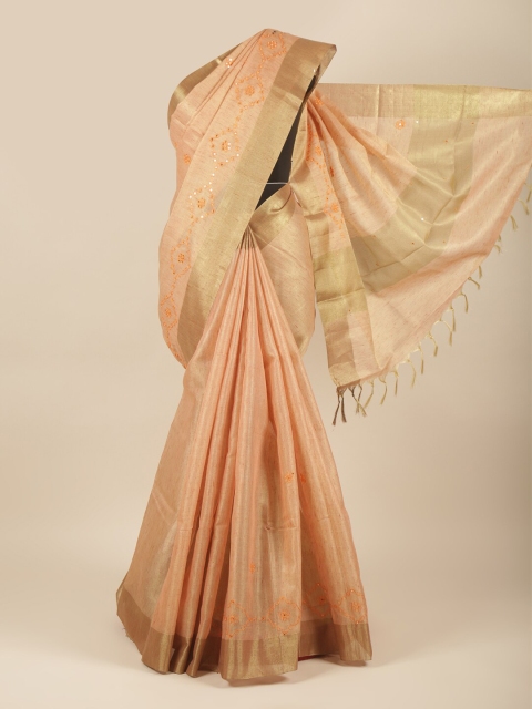 

Pothys Peach-Coloured & Gold-Toned Embellished Mirror Work Tissue Saree