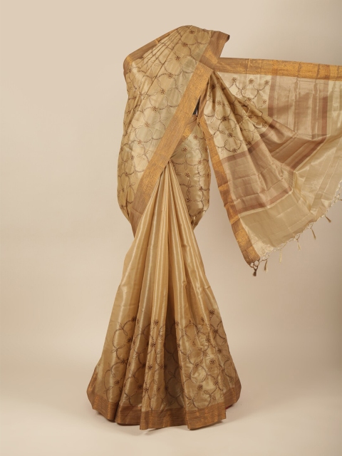 

Pothys Tan & Copper-Toned Floral Embroidered Zari Tissue Saree