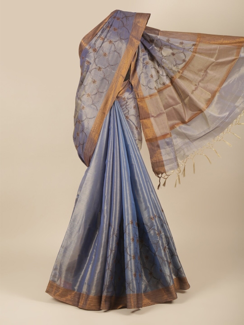 

Pothys Blue & Copper-Toned Floral Zari Tissue Saree